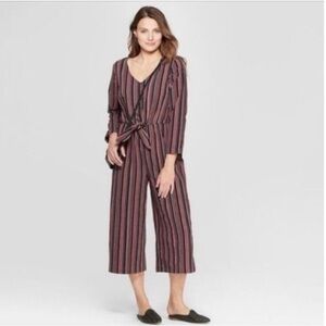 Universal Thread Medium Striped Long Sleeve V Neck Jumpsuit